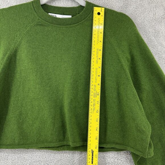Zara Sweater Women M Green Knit Cropped Crew Neck Long Bishop Sleeve Relax Fit - Picture 7 of 9